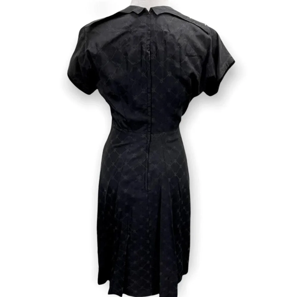 Vintage 50s 60s Black Knot Diamond Print Rhinestone Collar Dress Velvet Trim S/M